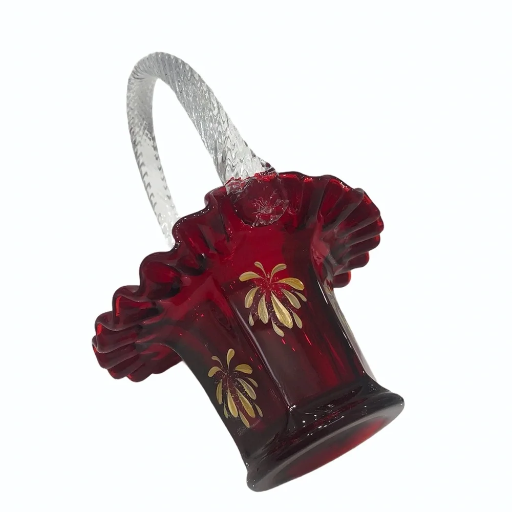 FENTON GOD BLESS AMERICA HAND PAINTED PATRIOTIC RED GLASS BASKET